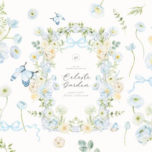 May include: Watercolor floral collection featuring a variety of flowers in soft pastel colors, including white, light blue, and cream. The design includes butterflies, ribbons, and the text "Celeste Garden". The overall theme is delicate and romantic.
