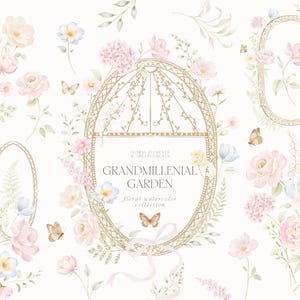 May include: A collection of watercolour floral elements and arrangements in pastel shades. The image includes roses, butterflies, and decorative oval frames with the text "GRANDMILLENIAL GARDEN floral watercolor collection."