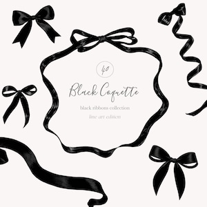 Schwarz Kokette Clipart Sammlung - Schwarze Bänder - Bögen - Bandrahmen - Schwarz - Line Art - Kokette Ästhetik - Unbegrenzte Verkaufslizenz