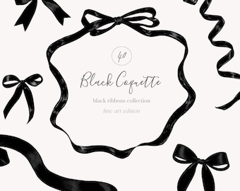 Colección de imágenes prediseñadas de Black Coquette: cintas negras, moños, marcos de cintas, arte lineal, estética de coqueta, licencia de venta ilimitada