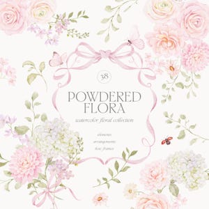 Può includere: Collezione floreale ad acquerello intitolata "Powdered Flora" con rose rosa, dalie e ortensie. Il design include un nastro rosa, farfalle e il numero 38. Il testo include anche le parole "elementi", "arrangiamenti" e "bow frames".