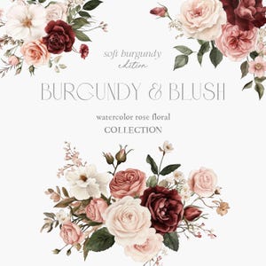 Clipart floral aquarelle bordeaux - roses bordeaux - roses blush - fleurs élégantes - bouquets - couronnes - fard à joues - licence de vente illimitée