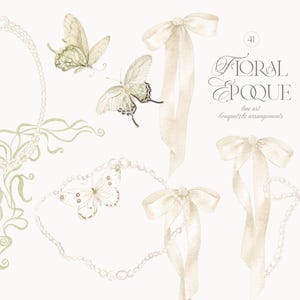 Pu&ograve; includere: Una collezione di illustrazioni ad acquerello con due farfalle, tre nastri color crema, una cornice ovale di perle e una ghirlanda di perle. Il testo recita Floral Epoque line art bouquets & arrangements.