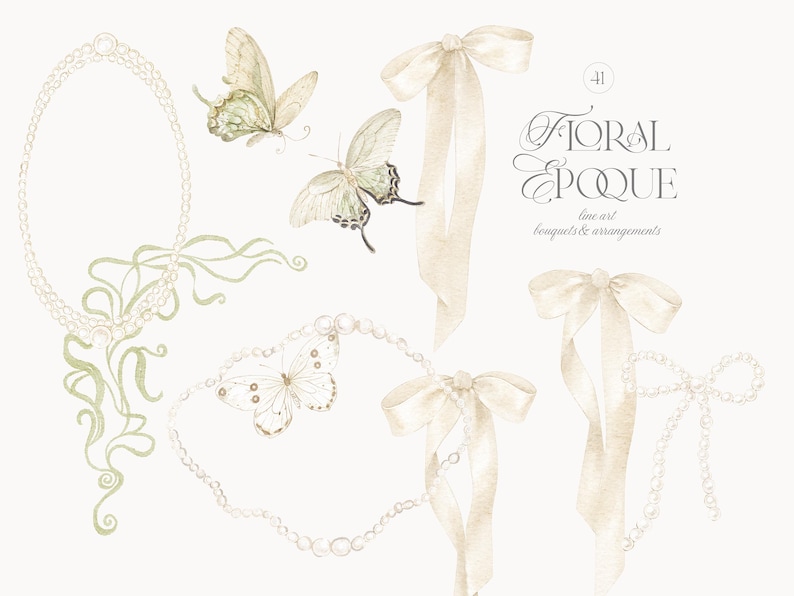Pu&ograve; includere: Una collezione di illustrazioni ad acquerello con due farfalle, tre nastri color crema, una cornice ovale di perle e una ghirlanda di perle. Il testo recita Floral Epoque line art bouquets & arrangements.