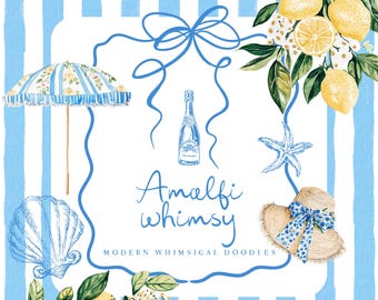 Watercolor Whimsical Watercolor and Ink Doodles - Amalfi Coast Preppy Italian Clipart - Summer Mediterranean Clipart - Summer Doodles