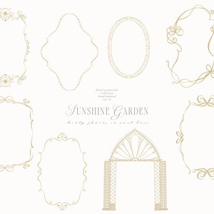 May include: A collection of hand-painted, gold-colored floral watercolor frames and an archway on a cream background. The text "Sunshine Garden" and "beauty flowers in sweet hours" is also present.