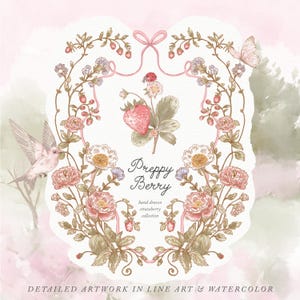 Puede incluir: Ilustración detallada en acuarela con una fresa central rodeada por una corona floral. El diseño incluye un pájaro, una mariposa y el texto "Preppy Berry". La obra de arte está en estilo de arte lineal y acuarela.