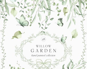 Puede incluir: Ilustración en acuarela con el tema "Willow Garden". El diseño incluye hojas verdes, mariposas y un marco decorativo con el texto "Willow Garden hand painted collection" y "greenery nostalgia".