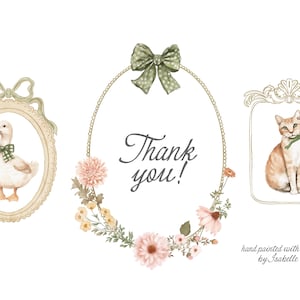 May include: A watercolor illustration of a thank you card with a duck, a cat, and a floral wreath. The duck is wearing a green bow and the cat is wearing a green bow. The floral wreath is made of pink and white flowers.