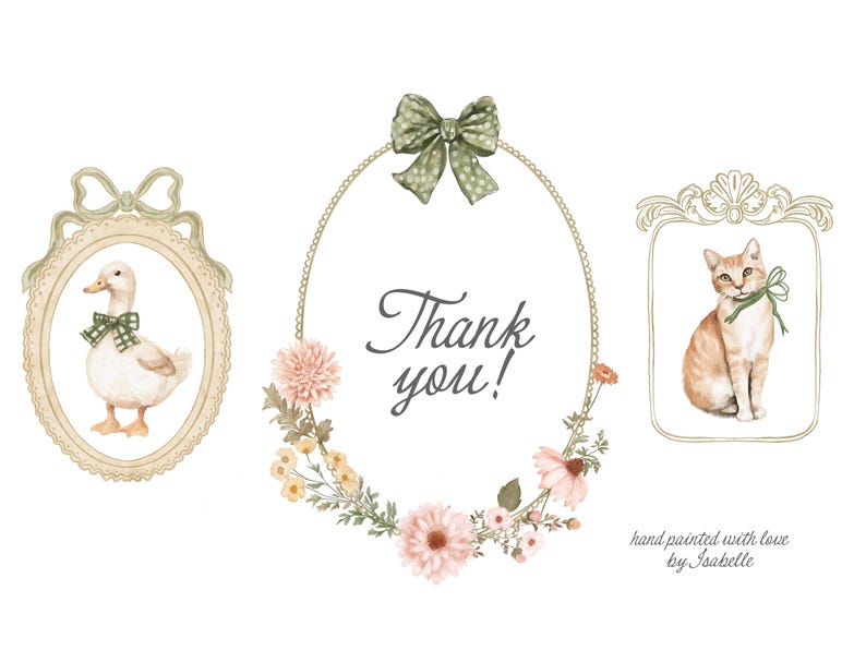 May include: A watercolor illustration of a thank you card with a duck, a cat, and a floral wreath. The duck is wearing a green bow and the cat is wearing a green bow. The floral wreath is made of pink and white flowers.