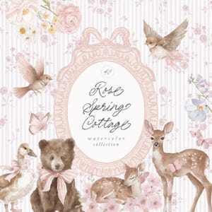 以下が含まれることがあります： 「Rose Spring Cottage」の文字が入ったピンク色の楕円形のフレームのウォーターカラーイラスト。クマ、鹿、鳥、蝶、花がソフトピンクとブラウンの色調で描かれており、気まぐれでヴィンテージな美学を作り出しています。