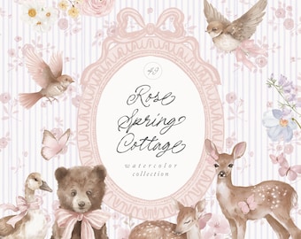 Colección de imágenes prediseñadas de cabañas de primavera con rosas en acuarela - Cottagecore - Dibujado a mano, no con IA