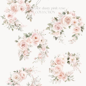 May include: Five watercolor illustrations of dusty pink roses in a wreath shape. The text "Dusty Rose Watercolor Dusty Pink Rose Collection" is at the top of the image.