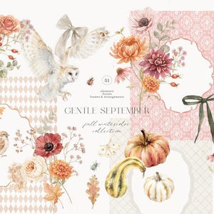 May include: A watercolour illustration with an owl, flowers, pumpkins, and autumn leaves. The text reads "Gentle September". The image has a soft, vintage aesthetic, suitable for autumn-themed designs. The overall design is a fall watercolor collection.