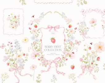 Watercolor Wild Strawberry Floral Clipart Collection - Berry First Theme