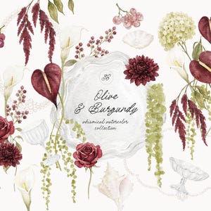 Watercolor Burgundy & Olive Floral Collection - Pearl Frames - Floral Arrangements - Decorative Elements 0726