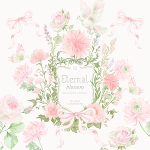 Brasão de flores silvestres em aquarela blush faça você mesmo - Faça seu próprio brasão - Flores blush - Flores rosas - Conjunto de brasão de clipart de aquarela de flores silvestres