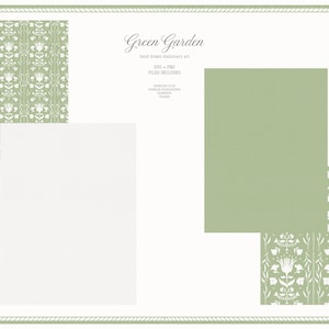 May include: Digital stationery art titled "Green Garden" featuring a light green and white floral pattern, a solid light green square, and a white rectangular paper. The design includes decorative borders and text.