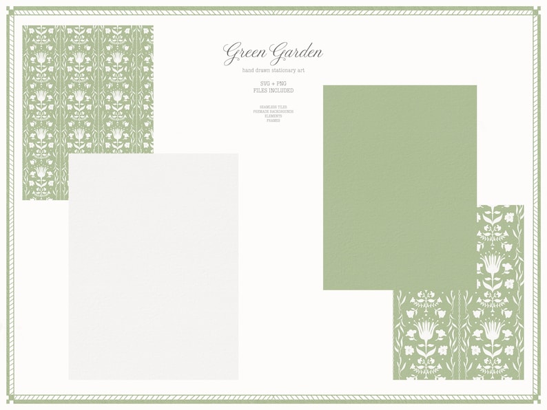 May include: Digital stationery art titled "Green Garden" featuring a light green and white floral pattern, a solid light green square, and a white rectangular paper. The design includes decorative borders and text.