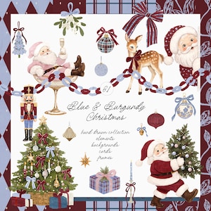 Puede incluir: Una colección digital de ilustraciones navideñas dibujadas a mano que incluye a Santa Claus, un cascanueces, un ciervo, un árbol decorado, adornos y regalos en una paleta de colores azul y burdeos con el texto Blue & Burgundy Christmas.