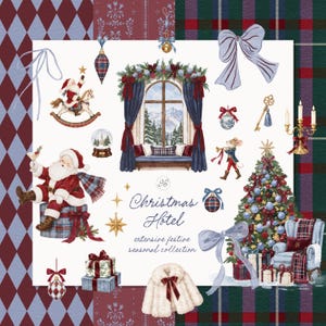 Op de afbeelding: Een digitale collectie kerstillustraties met de Kerstman, een versierd raam, een kerstboom, cadeaus, een muis, een gouden kandelaar, strikken en ornamenten. De tekst luidt 96 Christmas Hotel extensive festive seasonal collection.