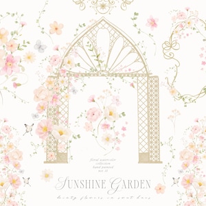 May include: Watercolor floral collection with a garden theme. The image features a decorative arch, floral arrangements, and butterflies in soft pastel colors. The text "Sunshine Garden" is also included.