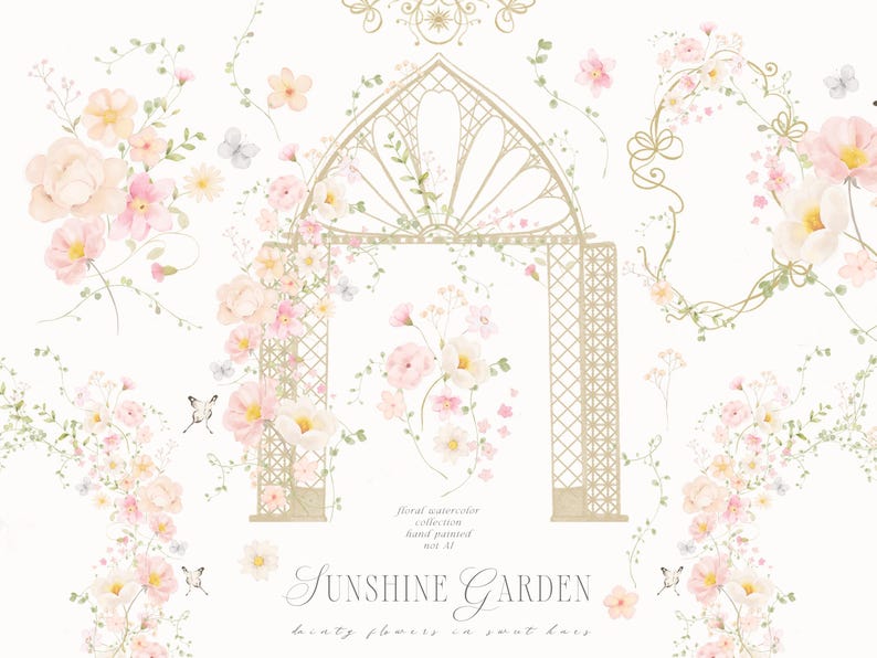 May include: Watercolor floral collection with a garden theme. The image features a decorative arch, floral arrangements, and butterflies in soft pastel colors. The text "Sunshine Garden" is also included.