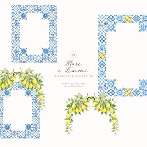 Peut inclure: Collection d'aquarelles avec des cadres en carreaux bleus et blancs et des accents de branches de citron. Les cadres sont rectangulaires avec un centre blanc. Le texte "Mare e Limoni" est &eacute;galement visible.