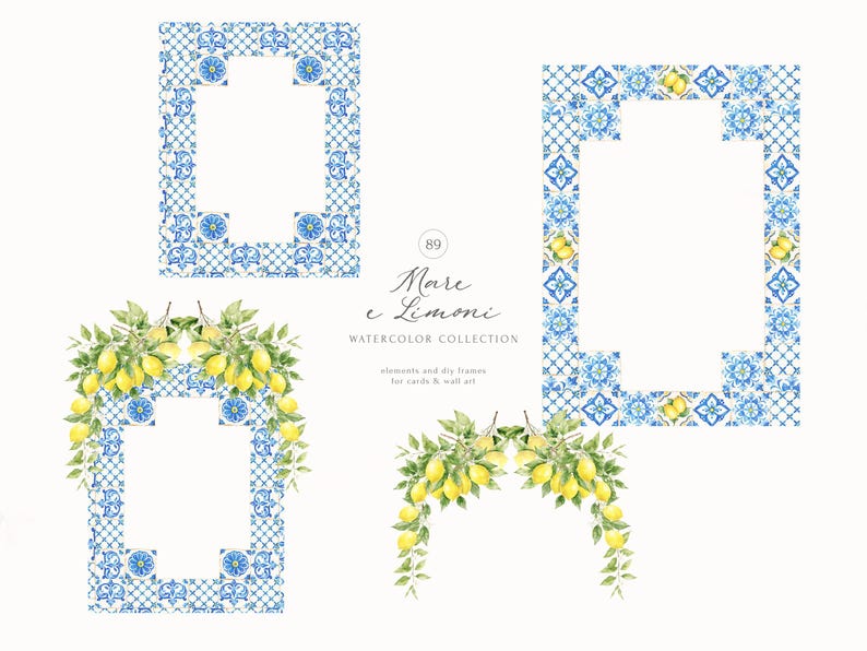 Peut inclure: Collection d'aquarelles avec des cadres en carreaux bleus et blancs et des accents de branches de citron. Les cadres sont rectangulaires avec un centre blanc. Le texte "Mare e Limoni" est &eacute;galement visible.