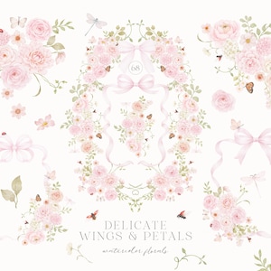 Kolekcja akwarelowych kwiatów w proszku z różami i biedronkami i motylami