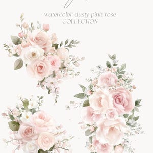 May include: Three watercolor illustrations of dusty pink roses with green leaves and white flowers. The text "Dusty Rose" and "watercolor dusty pink rose COLLECTION" is above the illustrations.