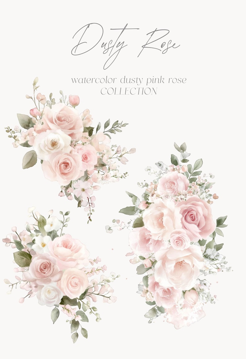 May include: Three watercolor illustrations of dusty pink roses with green leaves and white flowers. The text "Dusty Rose" and "watercolor dusty pink rose COLLECTION" is above the illustrations.