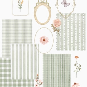 May include: A digital collage of green and white gingham, striped, and floral patterns. The patterns are framed by ornate gold frames with butterflies and flowers. The text "Cottage Heart hand painted collection" is at the top of the image.