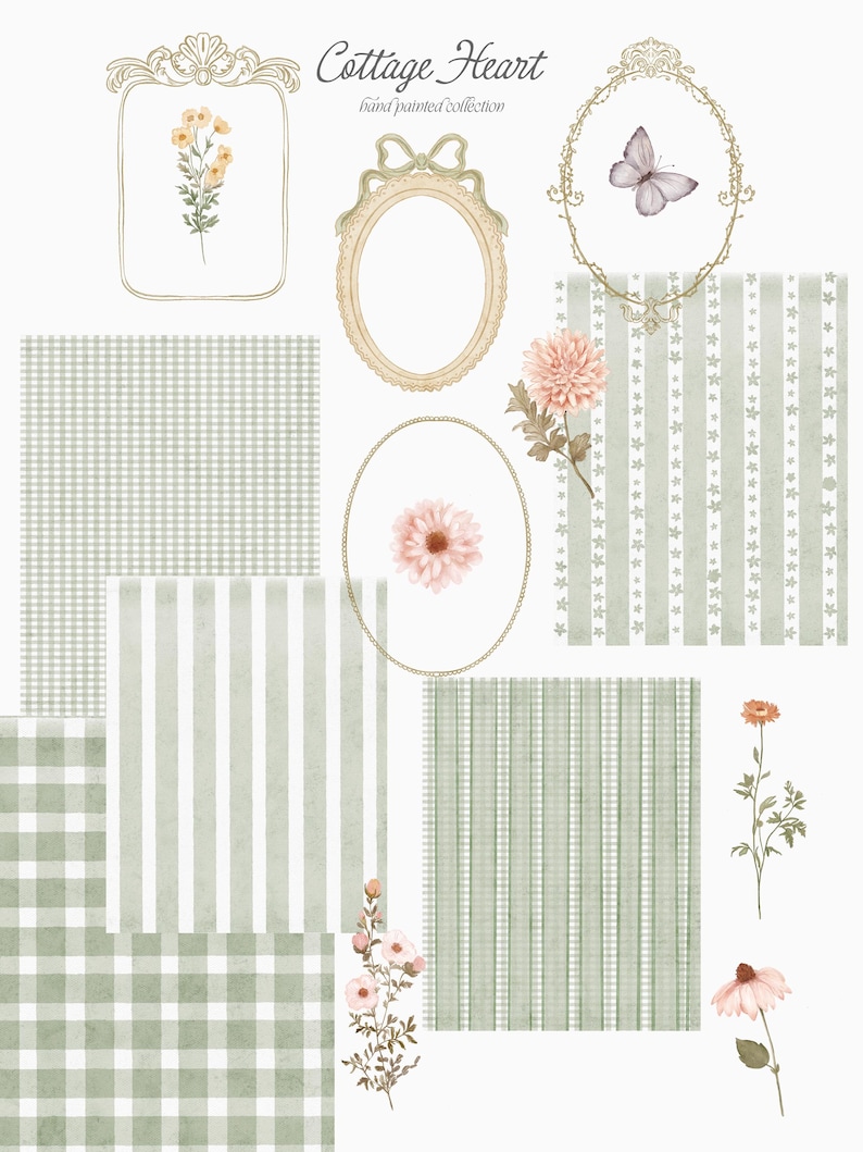 May include: A digital collage of green and white gingham, striped, and floral patterns. The patterns are framed by ornate gold frames with butterflies and flowers. The text "Cottage Heart hand painted collection" is at the top of the image.