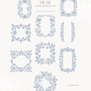 Op de afbeelding: Een set van negen vintage bloemlijnkunstontwerpen in blauw. De ontwerpen omvatten kransen, randen en frames. De tekst "MUSE vintage floral line art" en "Compositions and Adornments" is opgenomen in de afbeelding. De tekst "by Isabelle Opia" is ook opgenomen in de afbeelding.