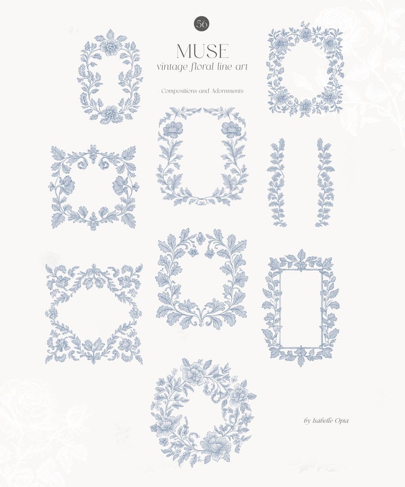 Op de afbeelding: Een set van negen vintage bloemlijnkunstontwerpen in blauw. De ontwerpen omvatten kransen, randen en frames. De tekst "MUSE vintage floral line art" en "Compositions and Adornments" is opgenomen in de afbeelding. De tekst "by Isabelle Opia" is ook opgenomen in de afbeelding.