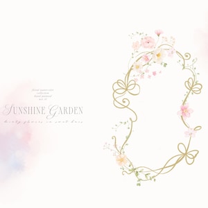 May include: Watercolor floral design with the text "Sunshine Garden". The design features a gold-colored oval frame adorned with pink and white flowers, green leaves, and gold bows. The background has a soft, pastel watercolor effect.