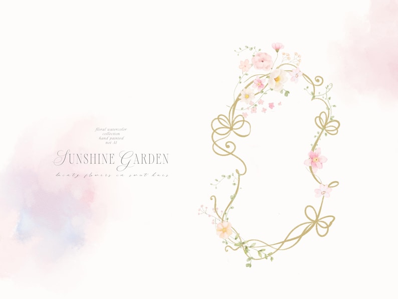 May include: Watercolor floral design with the text "Sunshine Garden". The design features a gold-colored oval frame adorned with pink and white flowers, green leaves, and gold bows. The background has a soft, pastel watercolor effect.