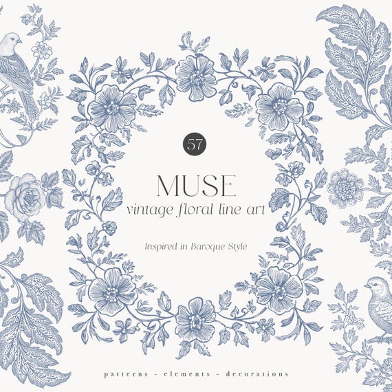 Ink Line Art Grandmillenial Baroque Inspired Floral Clipart - Vintage Flowers - Blue Ink - Rococo Flowers Clipart Set