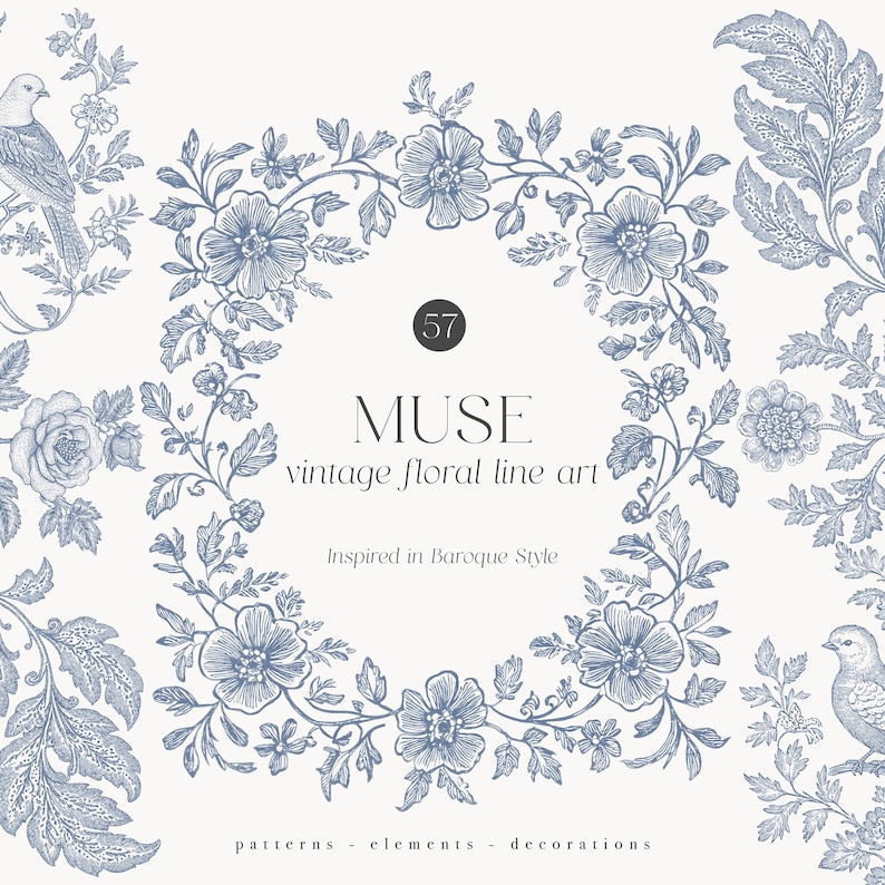Op de afbeelding: Een blauw en wit bloemenontwerp met een vogel en de tekst "MUSE vintage floral line art Inspired in Baroque Style patterns - elements - decorations".