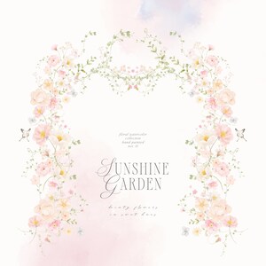 May include: Watercolor floral arch design with the text "Sunshine Garden". The arch features pink and yellow flowers, green vines, and small butterflies. The design has a soft, pastel color palette.