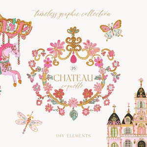 Peut inclure: Un ensemble d'illustrations numériques comprenant un cheval de carrousel rose et or, un château rose et or, un papillon rose et or, une libellule rose et or et une couronne florale rose et or avec le texte "CHATEAU coquette" et "DIY ELEMENTS".