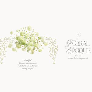 Pu&ograve; includere: Un grafico digitale che presenta un grappolo di ortensie verde chiaro e margherite bianche con decorazioni a linee sottili. Il testo recita 41 Floral Epoque line art bouquets & arrangements e beautiful premade arrangements included to use as they are in any designs.