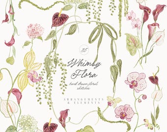 Watercolor Burgundy Olive Whimsy Wild Flower Collection - Watercolor Whimsical - Floral Arrangements - Frames 0826