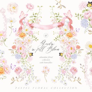 Puede incluir: Ilustración en acuarela de una colección floral pastel con mariposas. La imagen presenta una variedad de flores en tonos rosa, melocotón y blanco, con una cinta rosa y el texto "Garden in Full Bloom".