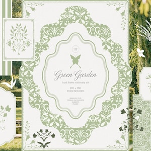 Puede incluir: Una colección de elementos de diseño floral en verde y blanco. El diseño central presenta un marco decorativo con el texto "Green Garden" y "hand drawn stationary art". Elementos adicionales incluyen patrones florales y bordes decorativos.