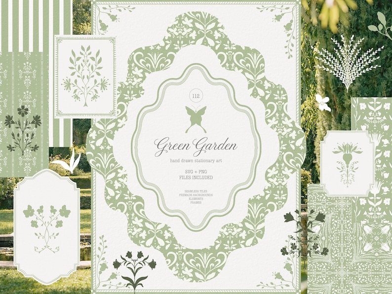 May include: A collection of green and white floral design elements. The central design features a decorative frame with the text "Green Garden" and "hand drawn stationary art". Additional elements include floral patterns and decorative borders.
