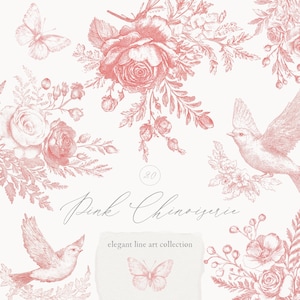 Colección Chinoiserie rosa - Chinoiserie - Arte lineal - Estética vintage - Flores y pájaros de Chinoiserie - Florales - Licencia de venta ilimitada