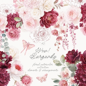 Puede incluir: Colección floral de acuarela con rosas, peonías y otras flores en tonos burdeos, rosa y blanco. La imagen incluye mariposas y el texto "Wow! Burgundy".