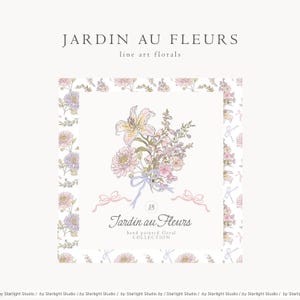 Op de afbeelding: Een bloemenillustratie met de tekst "JARDIN AU FLEURS" en "line art florals". De afbeelding toont een boeket bloemen in zachte roze, paarse en gele tinten, vastgebonden met een blauw lint. De tekst "Jardin au Fleurs" is ook aanwezig.